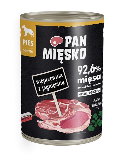 PAN MIĘSKO Hrana umeda hipoalergenica caini, cu carne de porc cu miel 400g 400g