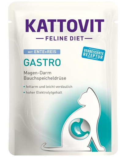 KATTOVIT Feline Diet Gastro hrana umeda dietetica pentru pisici cu afectiuni gastrointestinale, rata si orez 85 g