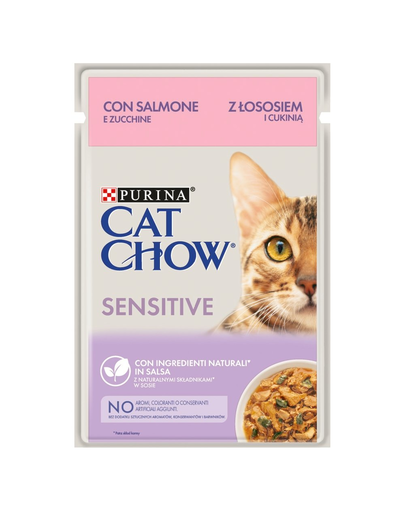 PURINA CAT CHOW Sensitive Hrana umeda pentru pisici adulte sensibile, cu somon si dovlecel in sos 26 x 85 g