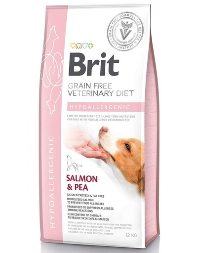  BRIT Veterinary Diets Dog Hypoallergenic Dieta veterinara pentru caini adulti cu alergii si intolerante alimentare, cu somon si mazare 12 kg 