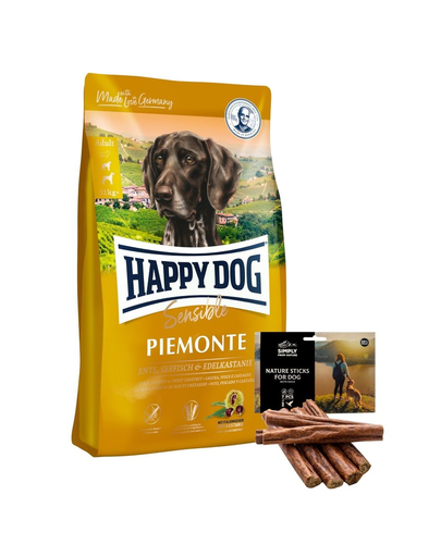 HAPPY DOG Supreme Piemonte hrana uscata caini adulti, cu rata, castane si peste 10 kg + SIMPLY FROM NATURE Nature Sticks cu rață 7 buc.