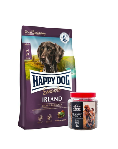 HAPPY DOG Supreme irland hrana uscata caini adulti sensibili, cu somon si iepure 12.5 kg + Recompense cu carne de iepure si ceai verde 300 g 12.5