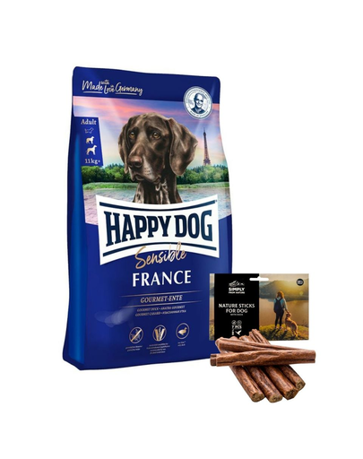 HAPPY DOG Supreme France hrana uscata caini adulti de talie mare 12,5 kg + SIMPLY FROM NATURE Nature Sticks cu rață 7 buc.