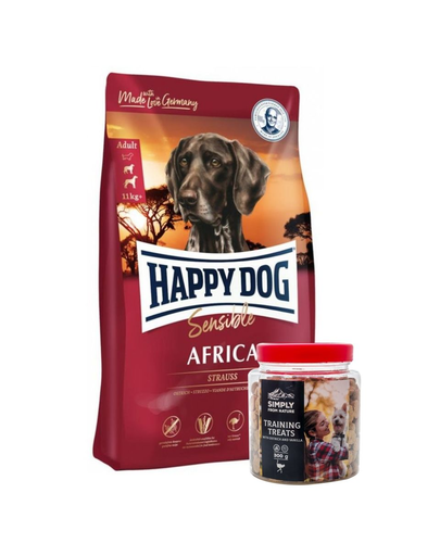 HAPPY DOG Supreme africa Hrana uscata caini cu intolerante alimentare, cu strut 12.5 kg + SIMPLY FROM NATURE Recompense cu vanilie si carne de strut 300 g 12.5