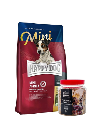 HAPPY DOG Mini Africa Hrana Uscata Pentru Caini Adulti De Talie Mica Cu Intolerante Alimentare, Cu Strut + SIMPLY FROM NATURE Recompensă Cu Vanilie și Carne De Strut 300 G