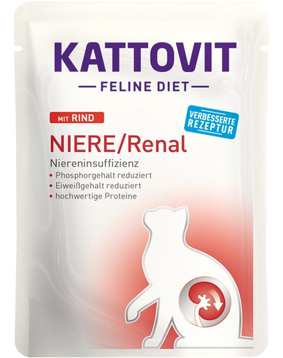 KATTOVIT Feline Diet Niere/Renal Beef hrana umeda dietetica pentru pisici cu afectiunile ale rinichilor, cu vita 85 g