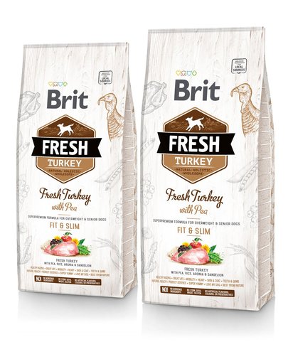 BRIT Fresh Light Fit & Slim Hrana Uscata Caini Adulti Supraponderali, Cu Mazare Si Curcan 24 Kg (2 X 12 Kg)