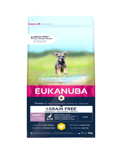 EUKANUBA Puppy Grain Free pentru talie mica/medie S/M 3 kg hrana pentru catelusi
