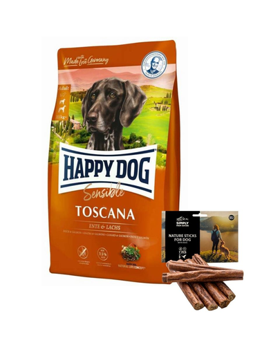 HAPPY DOG Supreme Toscana Hrana uscata pentru caini adulti, cu miel 12.5 kg + SIMPLY FROM NATURE Nature Sticks cu rață 7 buc.