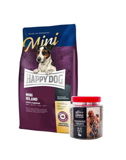 HAPPY DOG Mini Ireland hrana uscata caini adulti cu alergii talie mica 8 kg + recompense caini, cu carne de iepure 300 g 300
