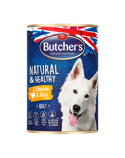 BUTCHER'S Natural&Healthy hrana umeda pentru caini adulti, pate de pui si orez 24 x 390 g