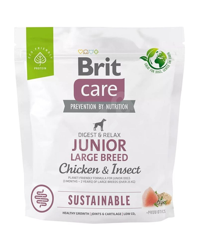 BRIT Care Sustainable Junior Large Breed 1 kg Hrana uscata catei de talie mare, cu pui si insecte Breed