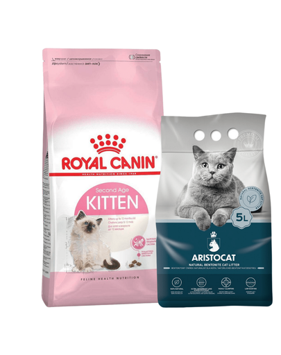 ROYAL CANIN Kitten Hrana Uscata Pisica Junior 10 Kg + ARISTOCAT Nisip Pentru Litiera Pisicilor, Din Bentonita 5 L GRATIS