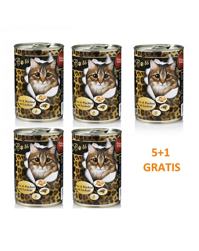 O’CANIS Hrana umeda pentru pisici adulte, cu prepelita, curcan si ulei de somon 400 g 5 + 1 GRATIS 400