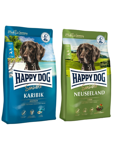 HAPPY DOG Supreme Karibik 12.5 kg + Supreme Noua Zeelanda 12.5 kg hrana uscata caini adulti cu sensibilitati alimentare
