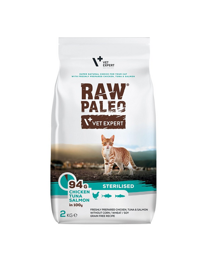 VETEXPERT Raw Paleo Sterilised Chicken&Tuna&Salmon Hrana uscata pentru pisici sterilizate 2 kg