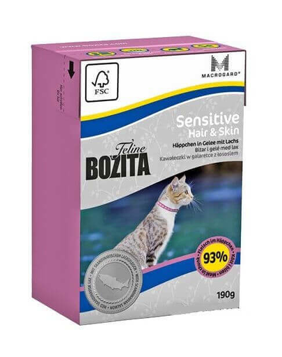 BOZITA Sensitive hair and skin Hrana umeda pentru pisici cu blana si pielea sensibile, cu pui si somon 6x190g