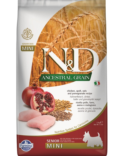 FARMINA N&D Ancestral Grain Dog Senior Mini Hrana Uscata Pentru Caini Senior De Talie Mica, Cu Pui Si Ovaz 2.5 Kg