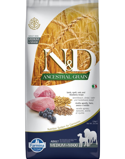 FARMINA N&D Ancestral Grain Adult Medium/Maxi Hrana caini adulti talie medie si mare, cu miel, grau, ovaz, afine 12 kg Adult