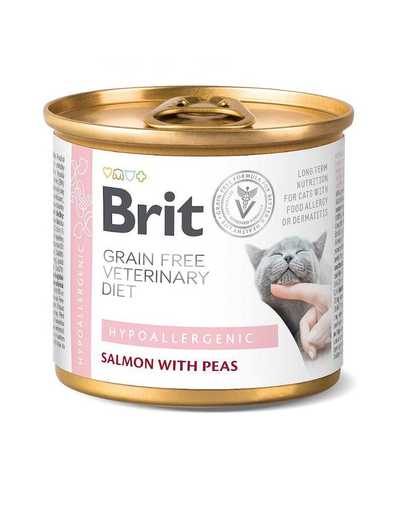 BRIT Veterinary Diet Hypoallergenic Salmon&Pea pentru pisici cu alergii alimentare, hrana umeda 200 g 200