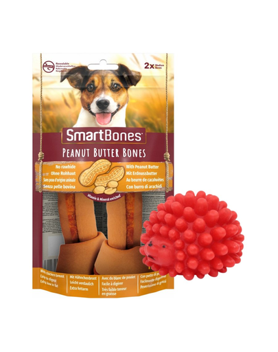 SMART BONES Medium Recompense pentru caini, cu unt de arahide si pui x 2 + minge GRATIS
