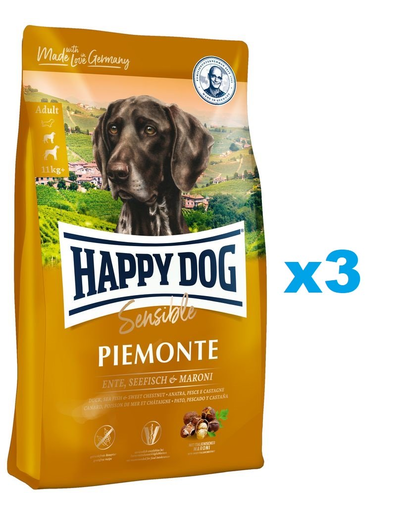 HAPPY DOG Supreme Piemonte hrana uscata caini 3 x 10 kg, cu rata si peste Caini