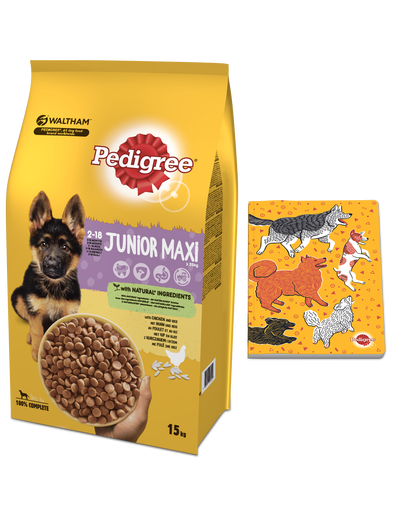PEDIGREE Junior 15 kg pentru juniori de talie mare, cu pui si orez + Carnet de notite GRATIS câini imagine 2022