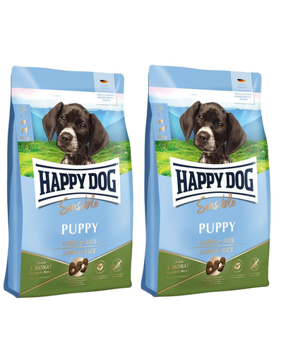 HAPPY DOG Sensible Puppy Lamm 20 (2×10 kg) cu miel si orez, pentru catei cu tract digestiv sensibil (2x10