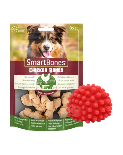 SMART BONES Mini Recompense pentru caini, cu pui si legume x 2 + minge GRATIS