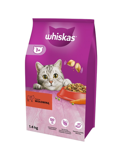 WHISKAS Adult 1,4 kg  hrana uscata completa pentru pisici adulte cu carne de vita delicioasa