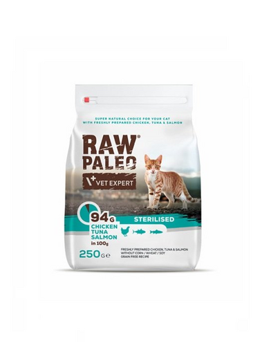 VETEXPERT Raw Paleo Sterilised Chicken&Tuna&Salmon Hrana uscata pisici sterilizate, cu pui, ton si somon 250 g 250