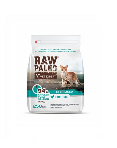  VETEXPERT Raw Paleo Sterilised Chicken&amp;Tuna&amp;Salmon Hrana uscata pisici sterilizate, cu pui, ton si somon 250 g 