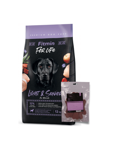 FITMIN Dog For Life Light &amp; Senior hrana pentru caini adulti si seniori supraponderali 12 kg + recompense GRATUIT