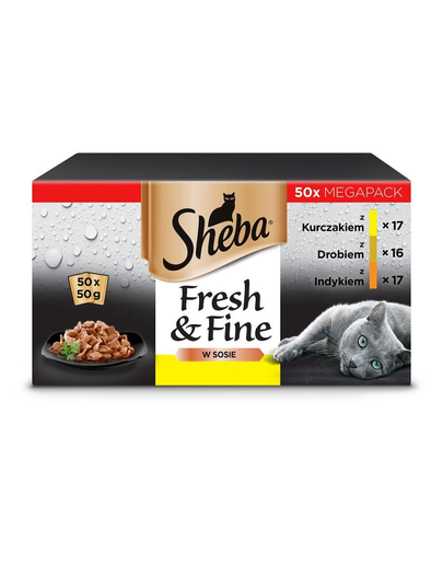 SHEBA Fresh&Fine 50x50 g plicuri in sos pentru pisici, cu pui, pasari de curte si curcan