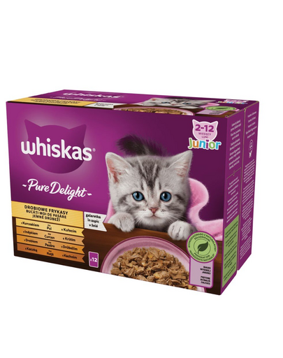 WHISKAS Pure Delight Junior 12x85g hrana cu pui, curcan, pasare, rata in jeleu