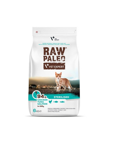  VETEXPERT Raw Paleo Raw Paleo Sterilised Chicken&amp;Tuna&amp;Salmon mancare pentru pisici sterilizate 6 kg 