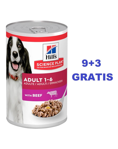 HILL’S Science Plan Canine Adult Beef 370 g hrana umeda caini adulti, cu vita 9+3 GRATIS