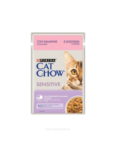 CAT CHOW Sensitive Plic hrana pisici sensibile, cu somon si dovlecel in sos 85 g Cat imagine 2022