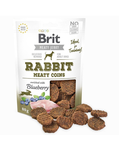  BRIT Jerky Rabbit Meaty coins 80g Recompense cu iepure si afine pentru caini 