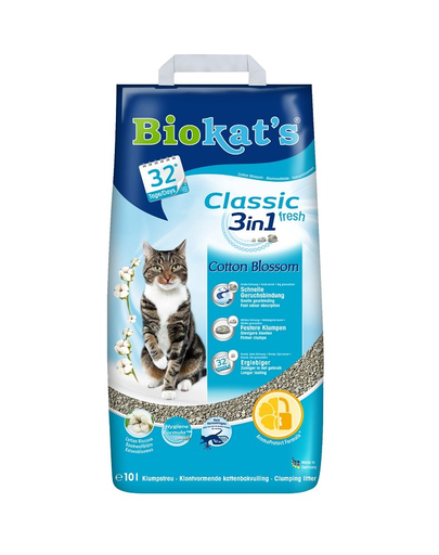 BIOKAT’S Classic 3in1 Fresh cotton blossom 10 L nisip pentru pisici, din bentonita cu parfum de bumbac 3in1