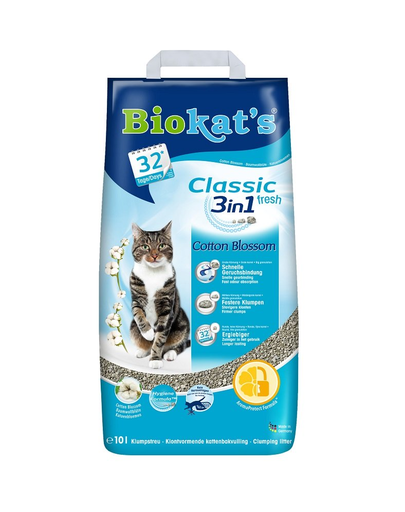 BIOKAT\'S Classic 3in1 Fresh cotton blossom 10 L nisip pentru pisici, din bentonita cu parfum de bumbac