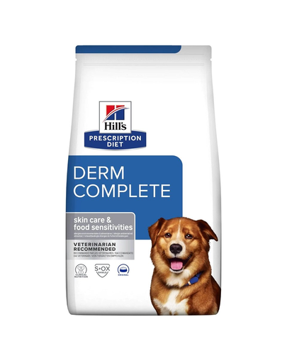 HILL\'S Prescription Diet Canine Derm Complete 12 kg pentru pielea cainilor + 3 conserve CADOU