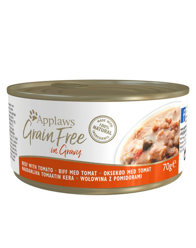 APPLAWS Cat Tin Grain Free Beef with Tomato in Gravy hrana umeda pisici adulte, cu vita si rosii in sos 72x70g