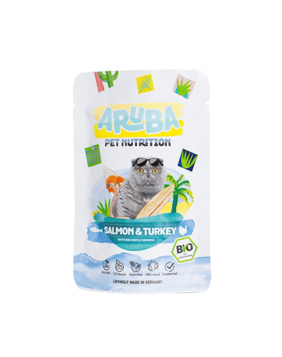 ARUBA Cat Organic plic hrana umeda pisici 70 g somon organic, curcan cu bok choy si turmeric ARUBA