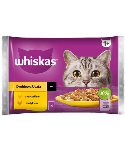 WHISKAS Adult 4x85 g hrana umeda pentru pisici adulte in sos cu: pui, curcan