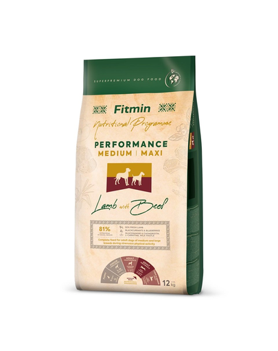  FITMIN Dog Nutritional Programme Medium Maxi Performance Lamb&amp;Beef 12 kg Hrana pentru caini adulti de talie medie si mare cu un nivel de activitate foarte ridicat 