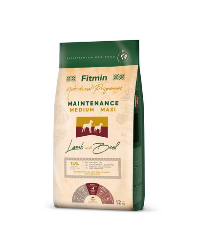  FITMIN Dog Nutritional Programme Medium Maxi Maintenance Lamb&amp;Beef 12 kg Sac hrana uscata caini talie medie si mare, cu miel si vita 