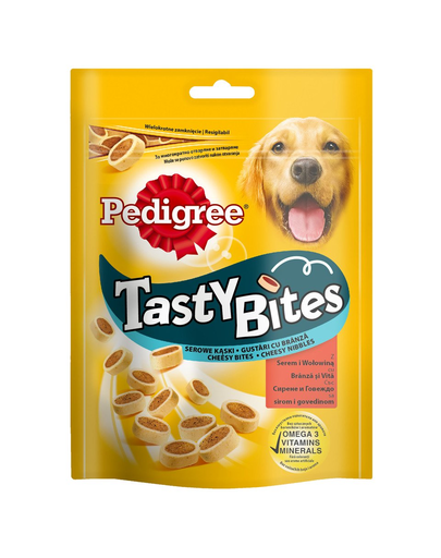 PEDIGREE Tasty Bites Cheesy Bites recompensa caine, cu branza si vita 140 g