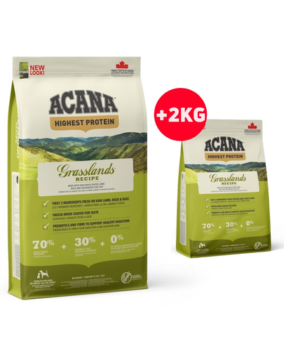 ACANA Grasslands Dog hrana uscata caini adulti, cu miel si rata 13.4 kg (11.4 kg + 2 kg)