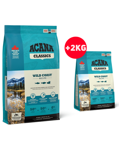 ACANA Wild Coast hrana uscata caini adulti 13.4 kg (11.4 kg + 2 kg)